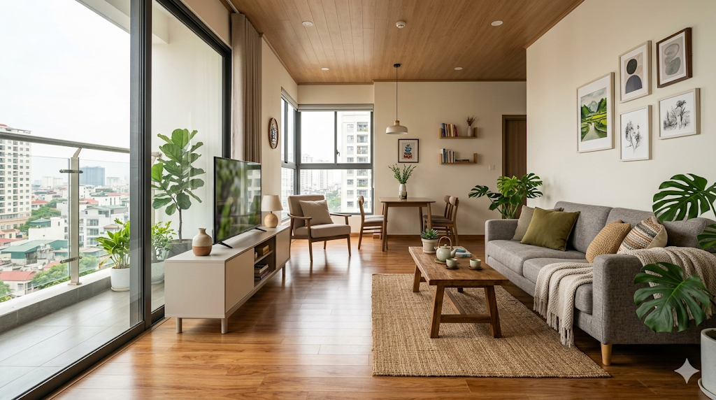 Sàn gỗ phòng khách chung cư đẹp - Thuận Đức Green